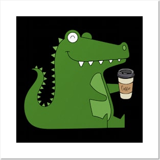 Kawaii Green Crocodile Coffee Addict Posters and Art
